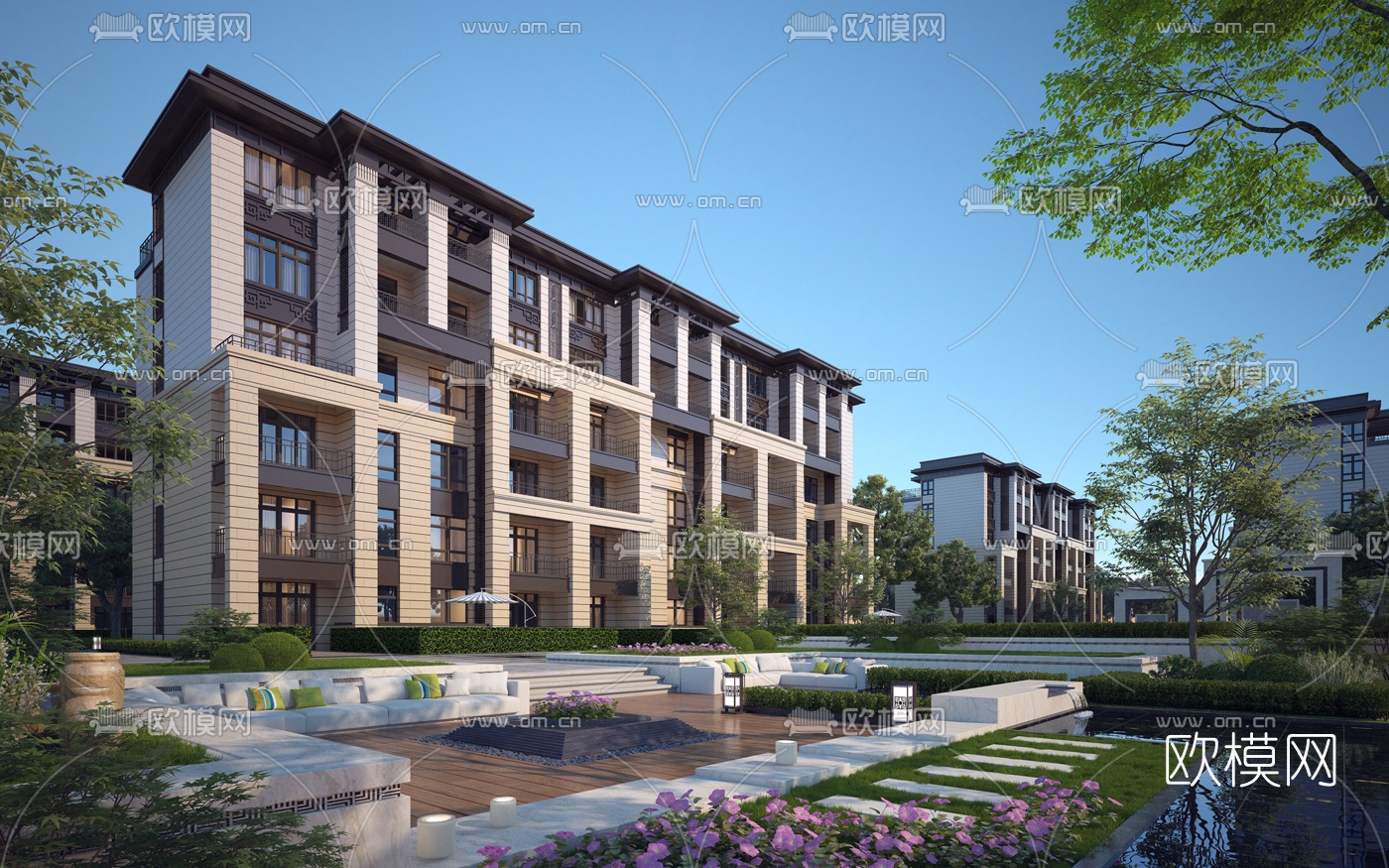 新中式多层住宅建筑外观3d模型
