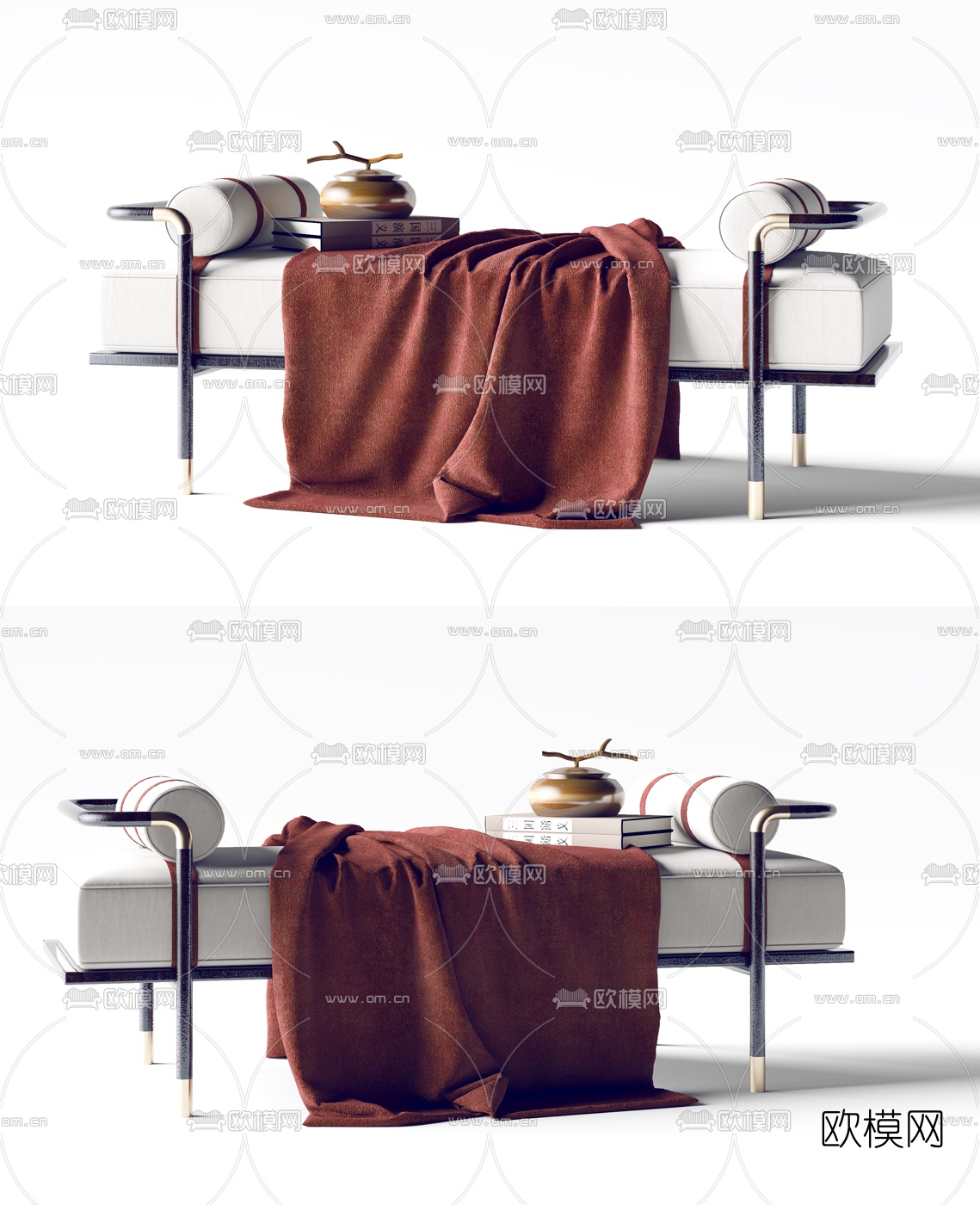 新中式布艺床尾凳3d模型下载（渲染图1）