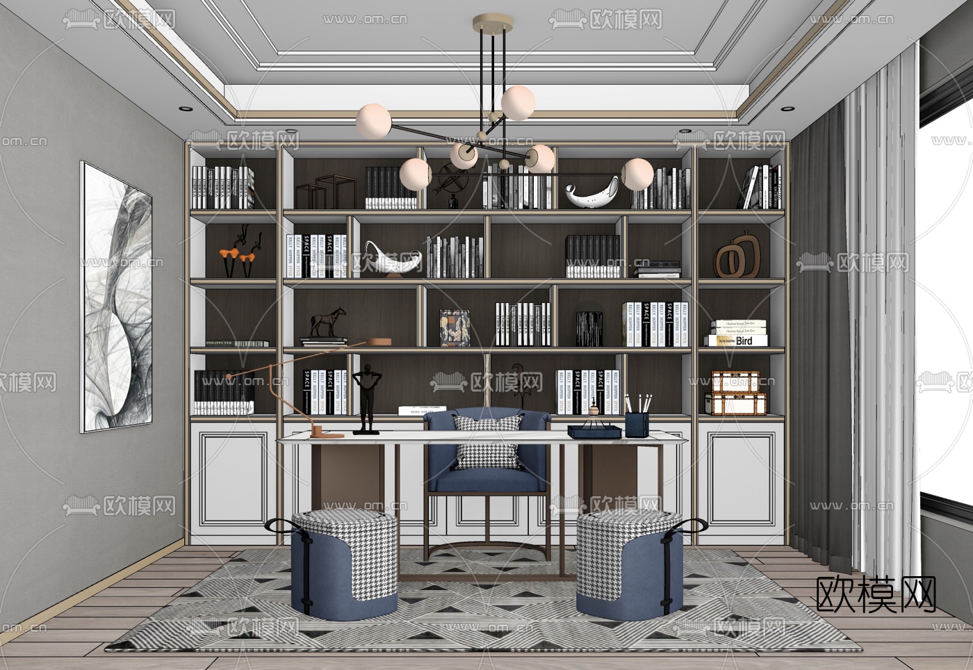 现代轻奢书房su模型