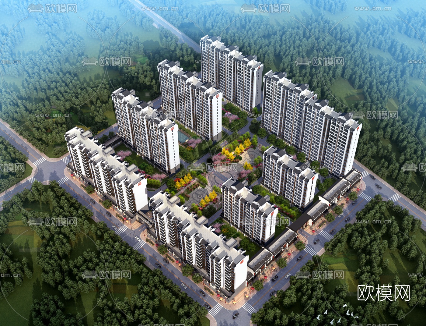 新中式住宅小区鸟瞰3d模型下载