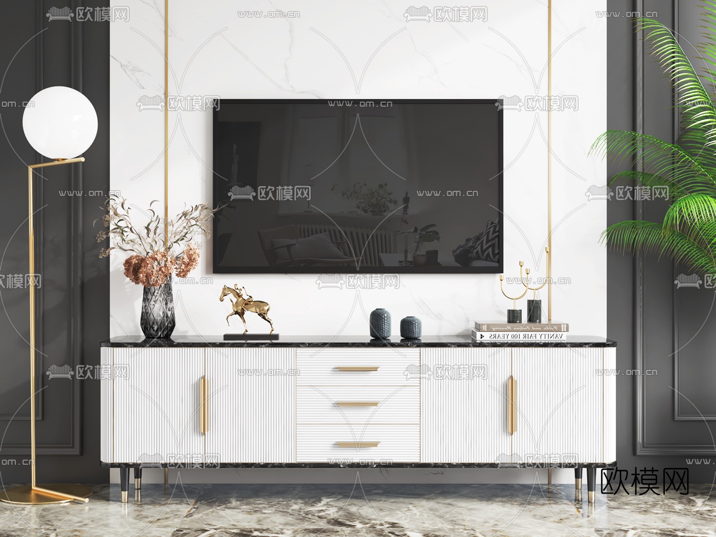 现代轻奢电视柜3d模型-免费3dmax模型库-欧模网