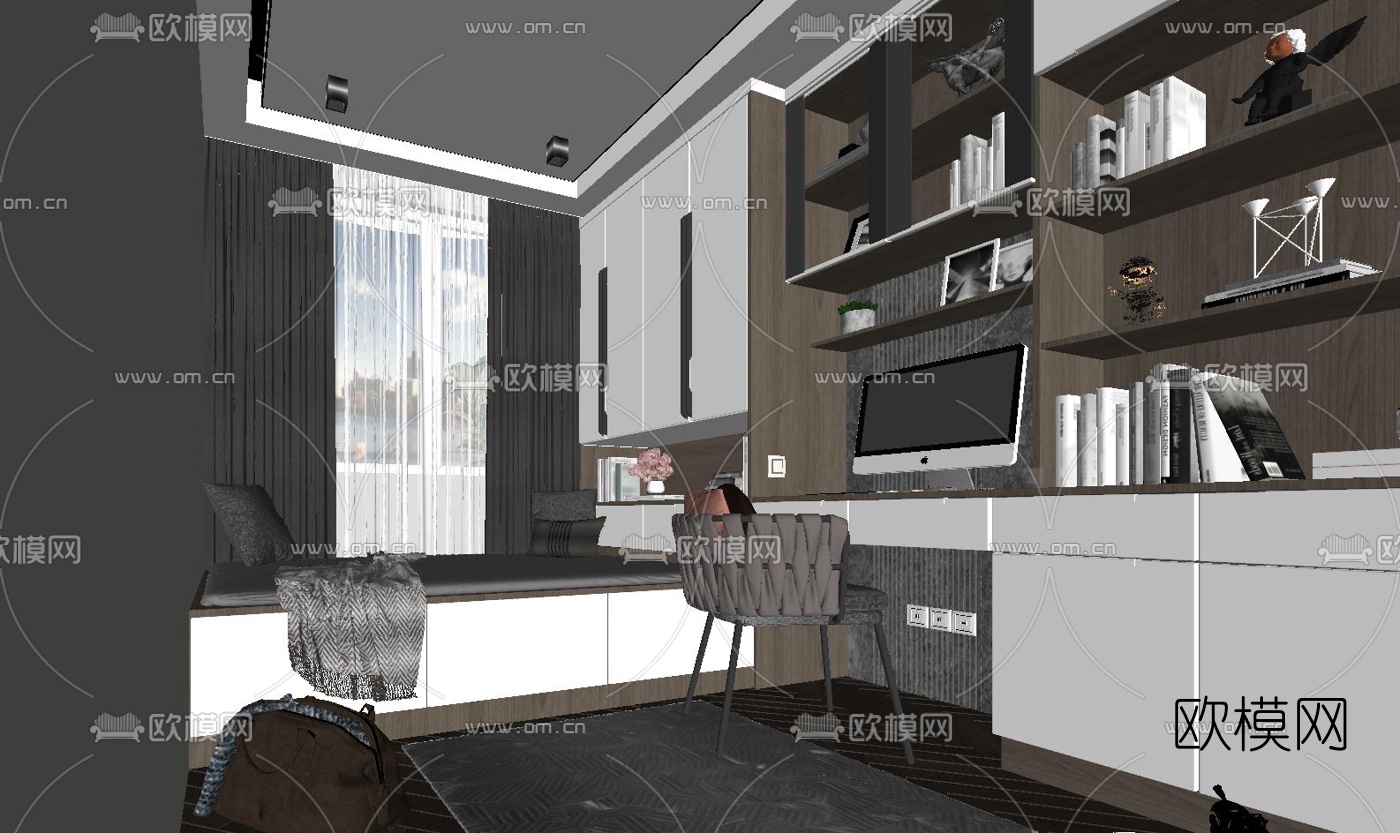 现代榻榻米书房su模型下载