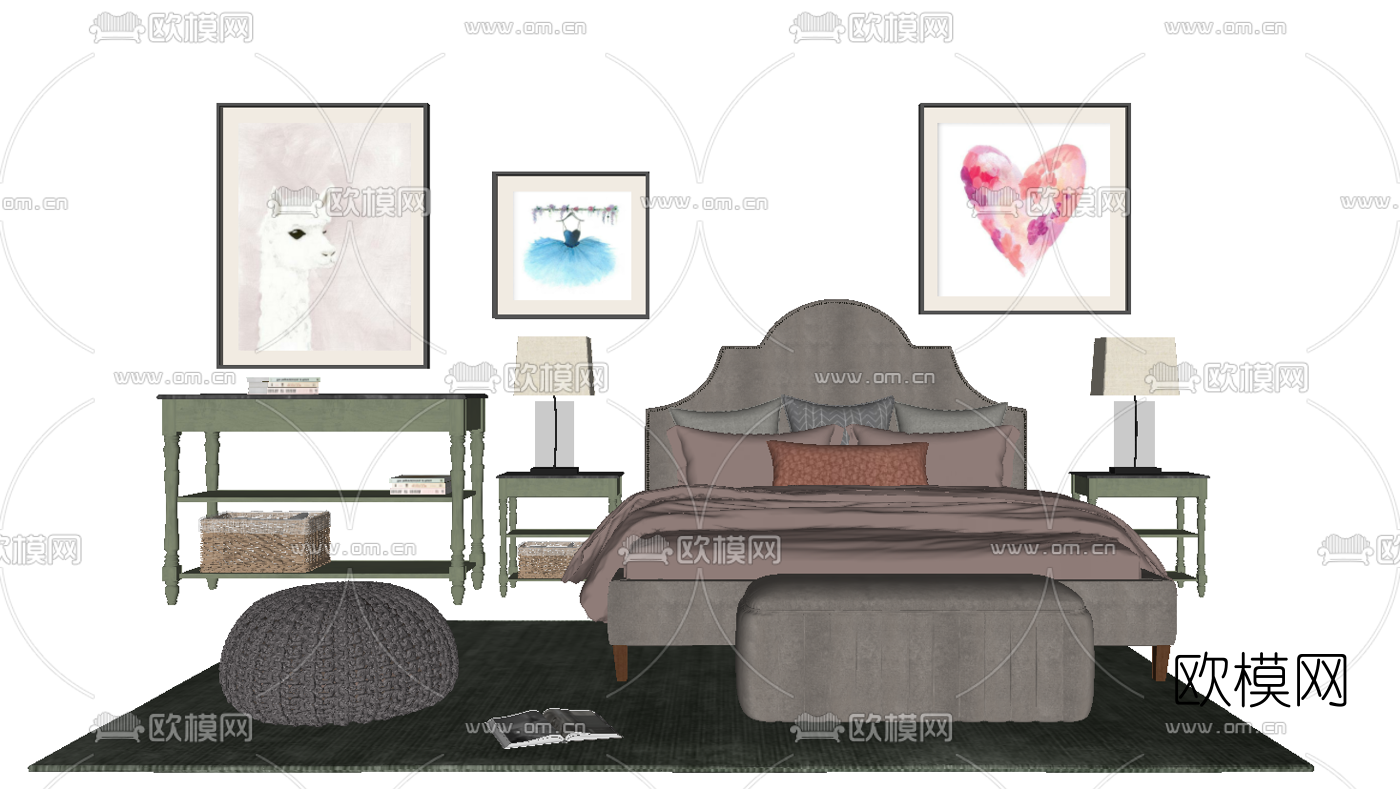 北欧布艺儿童双人床su模型下载