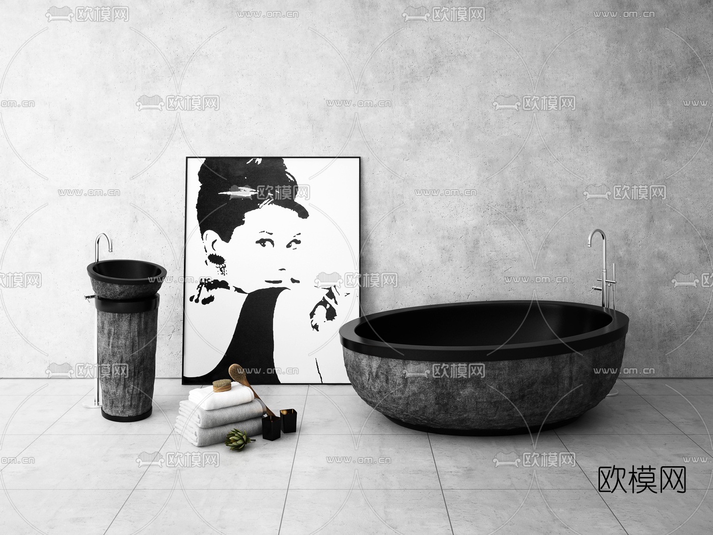 工业风石材浴缸洗手台3d模型下载（渲染图1）