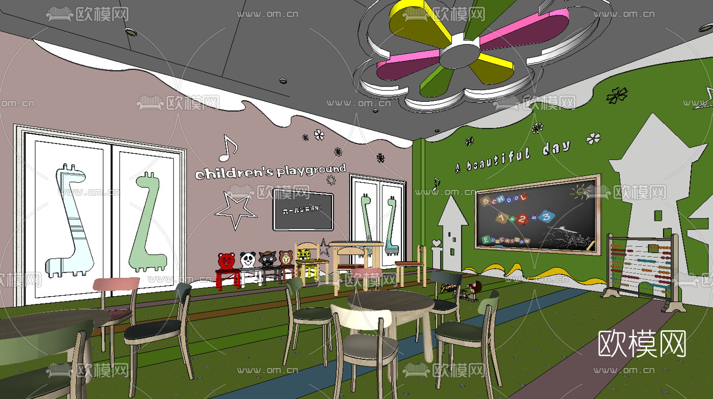 现代早教中心幼儿园教室su模型下载（渲染图1）