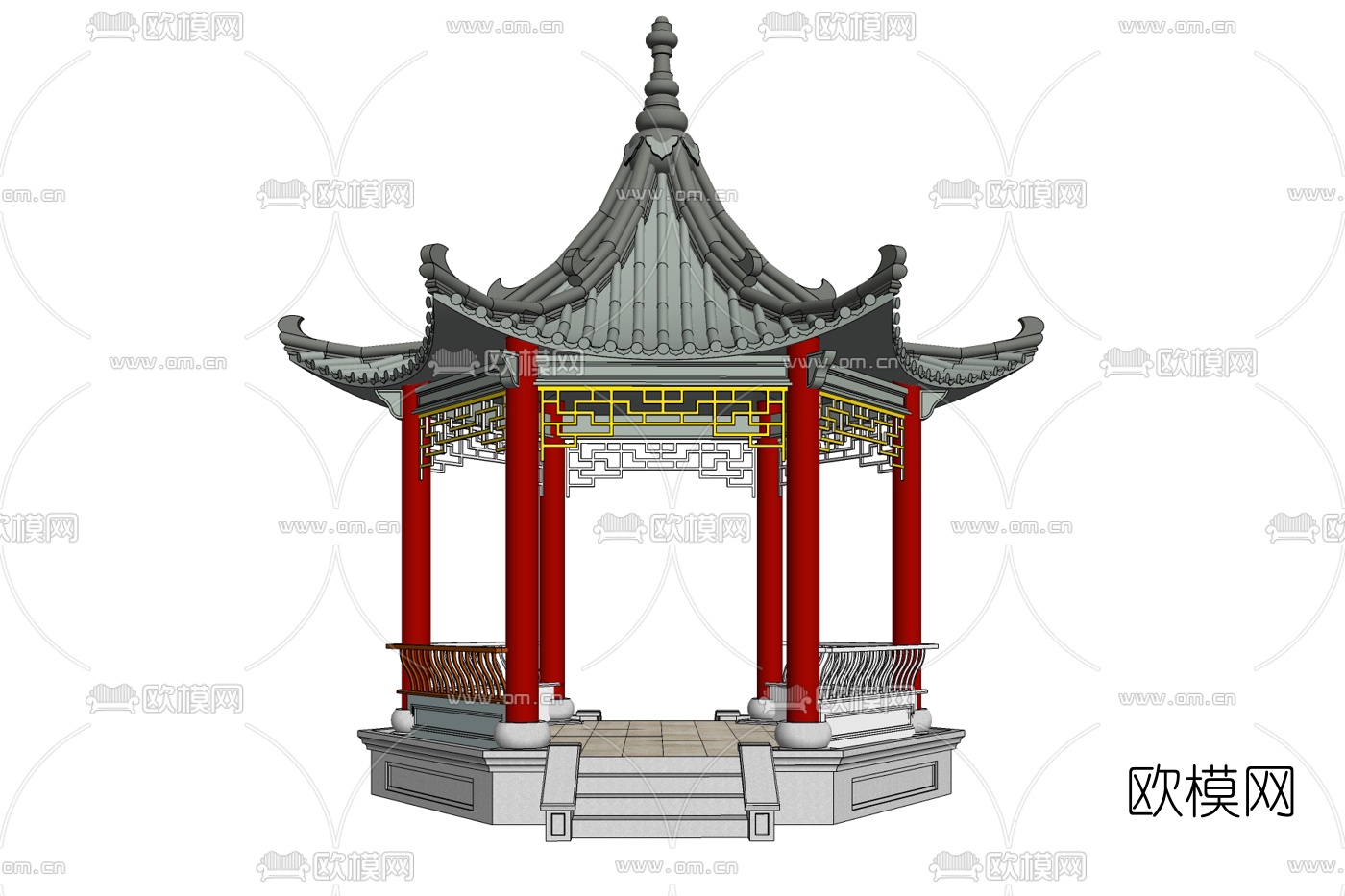 中式六角凉亭免费su模型