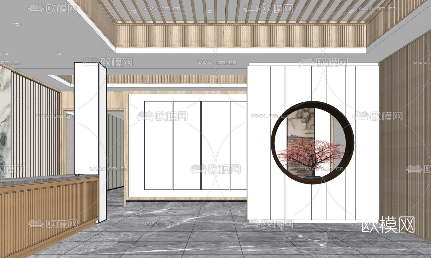 新中式酒店大堂su模型