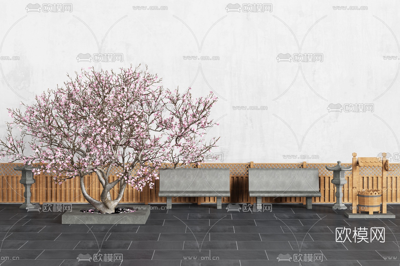 新中式樱花树户外椅3d模型