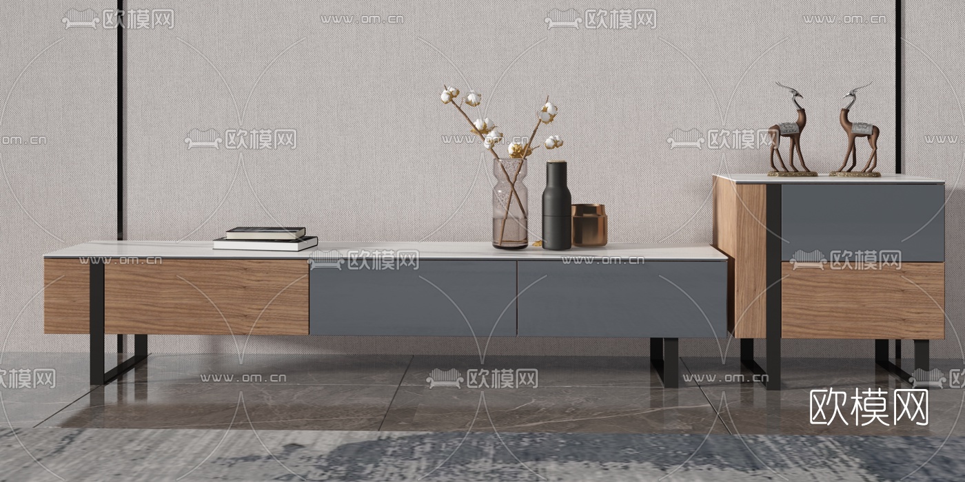 北欧实木电视柜茶几组合3d模型下载（渲染图1）