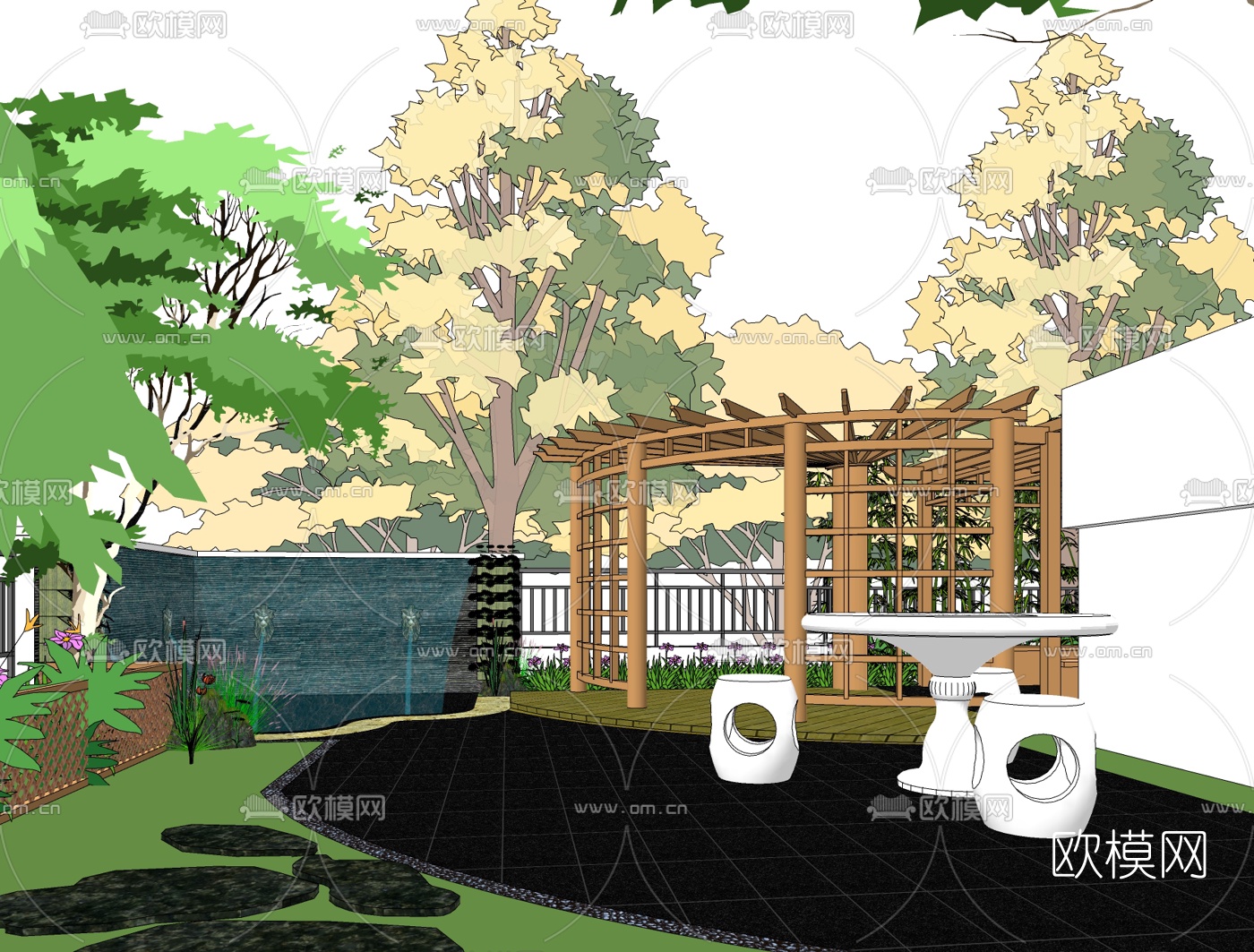 新中式庭院花园免费su模型下载