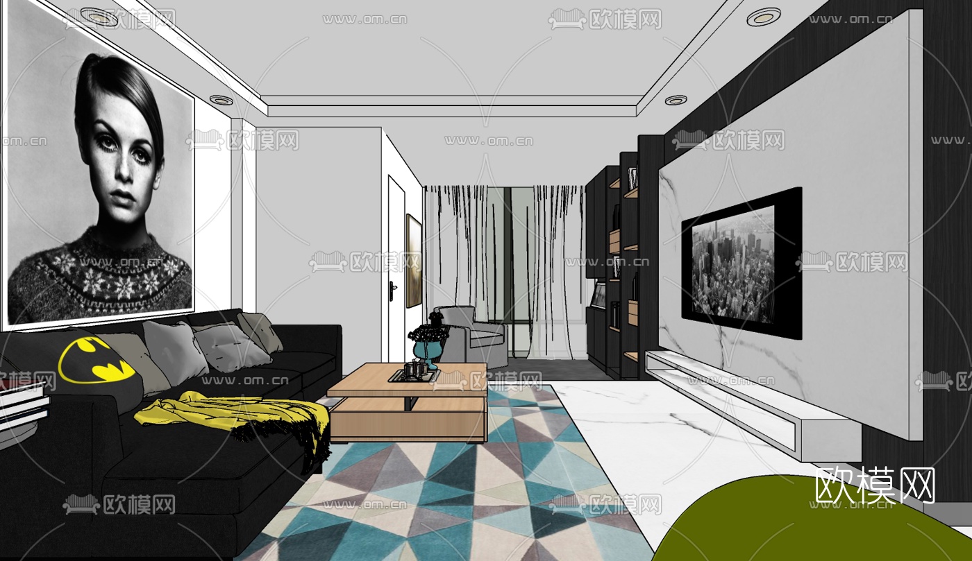 现代公寓客厅免费su模型下载