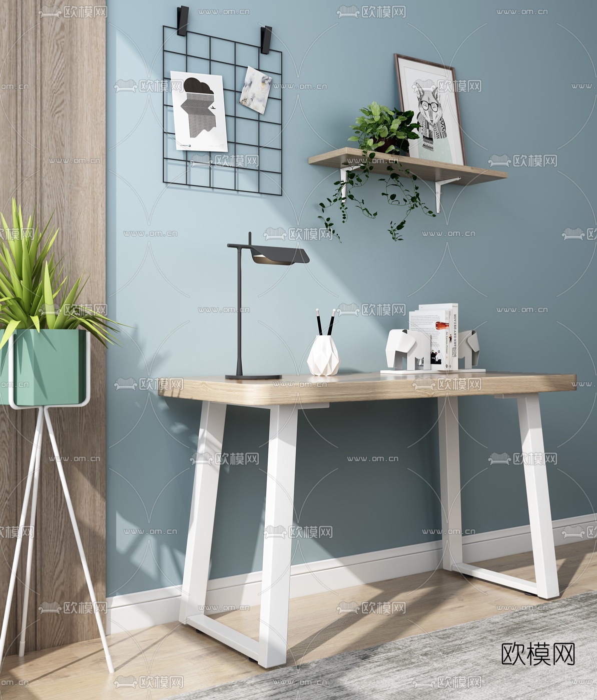 北欧原木书桌椅3d模型下载（渲染图3）