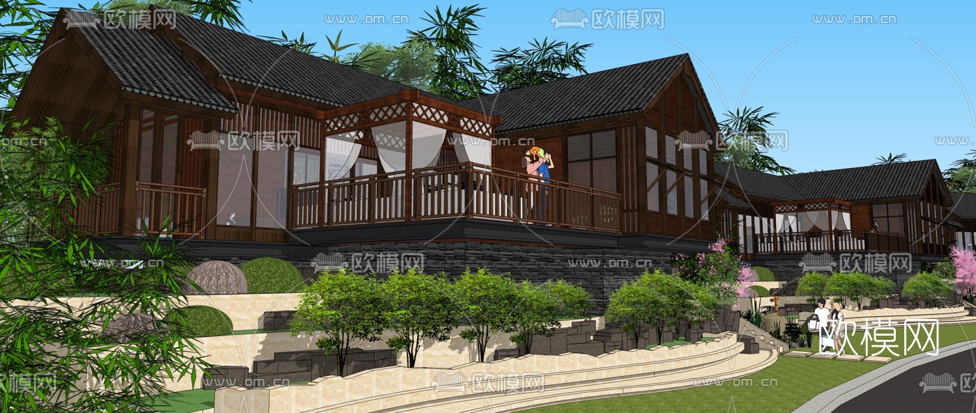 自然风斜屋顶民宿su模型下载（渲染图3）