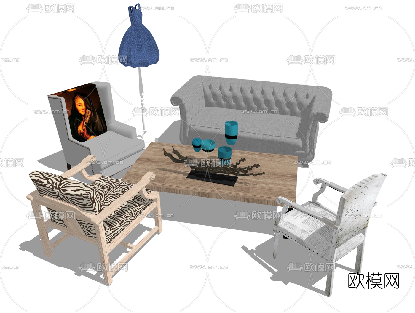 现代布艺多人沙发su模型下载