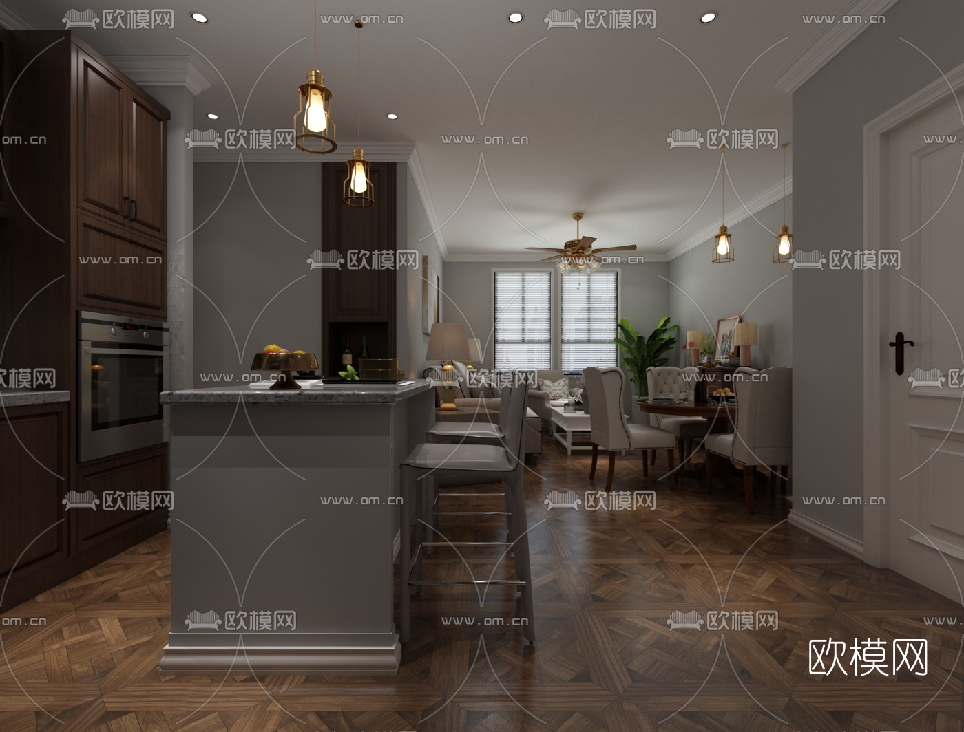 美式轻奢客厅餐厅免费3d模型