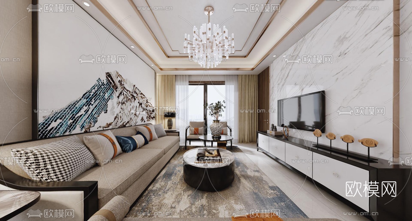 新中式客厅餐厅厨房茶室vr全景3d模型