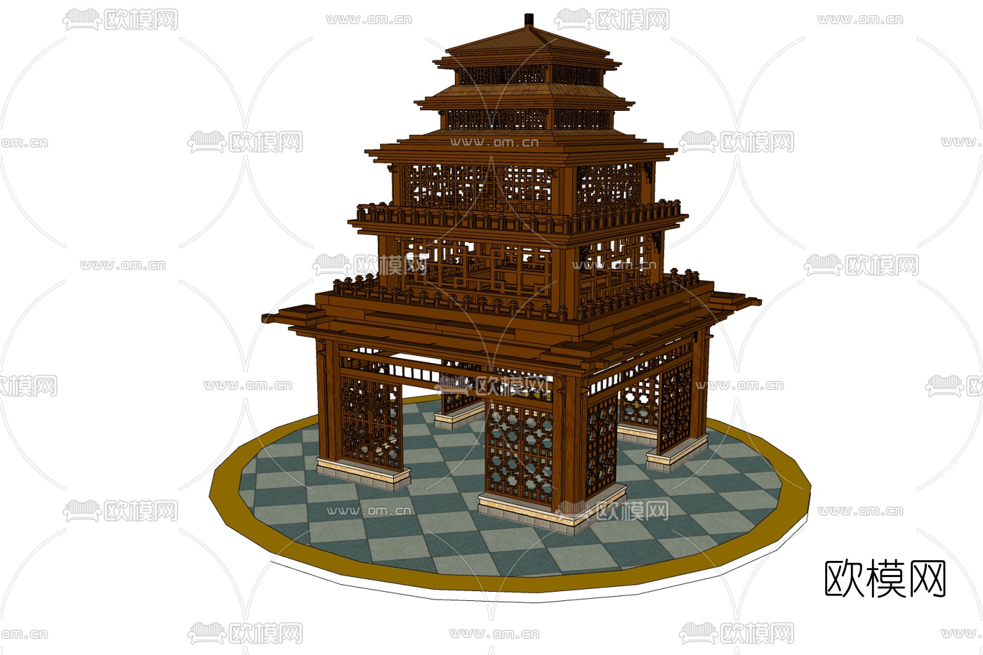中式多层四角亭免费su模型下载