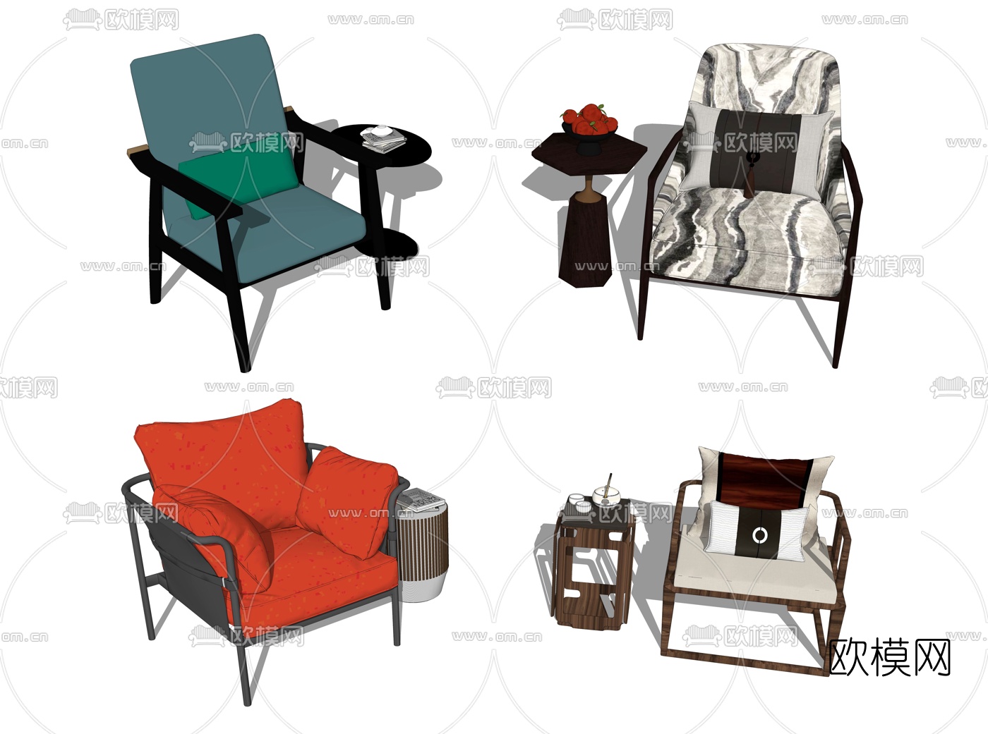 新中式布艺休闲椅su模型下载