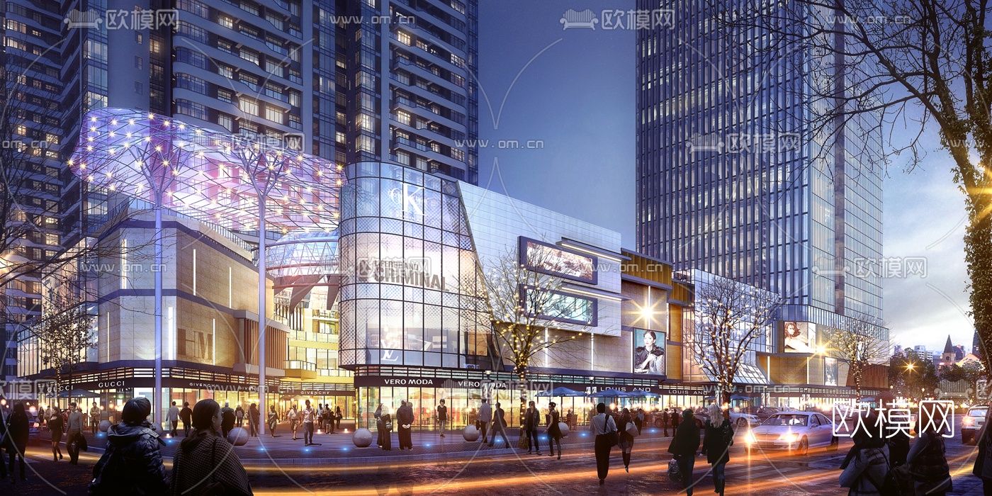 现代夜景商业街3d模型下载