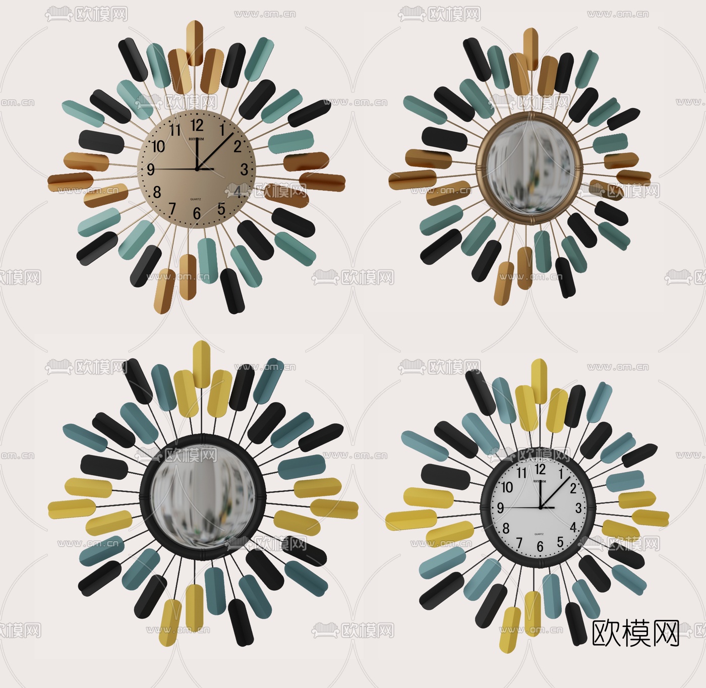 现代金属圆形时钟组合3d模型下载（渲染图1）