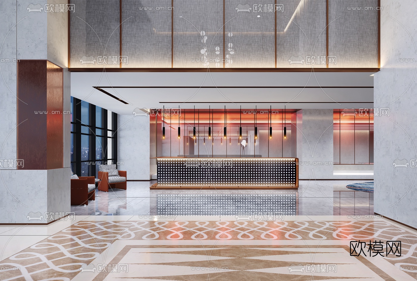 现代酒店前台接待区3d模型下载（渲染图1）