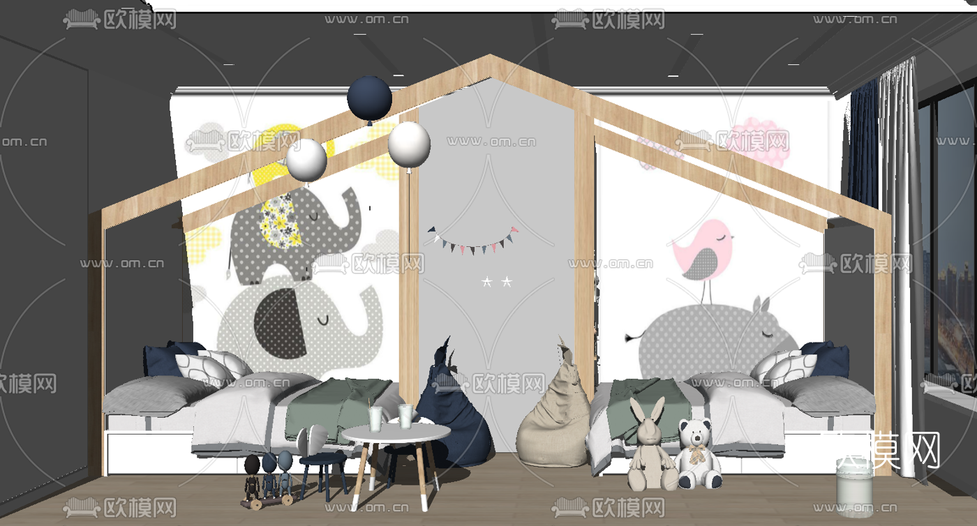 北欧布艺儿童双人床su模型下载