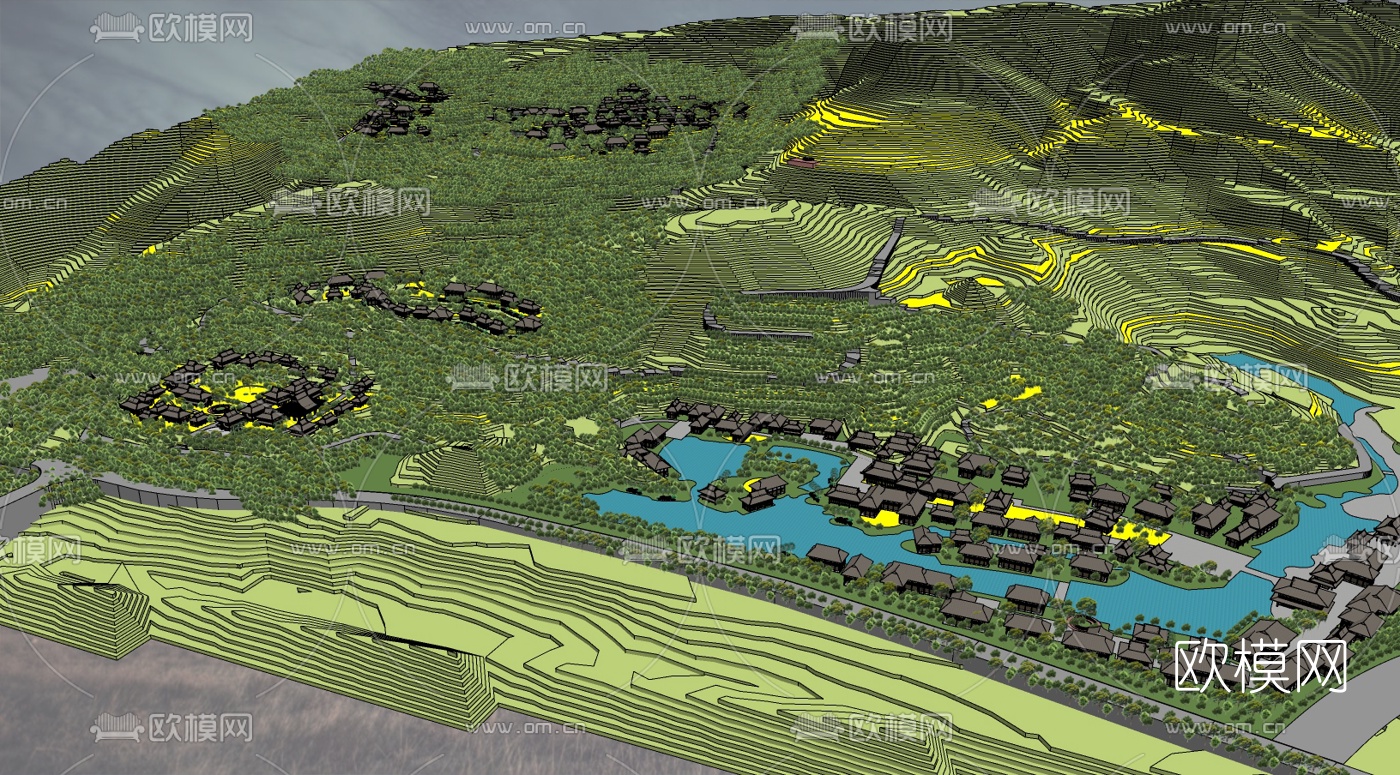 中式村庄规划su模型下载（渲染图1）