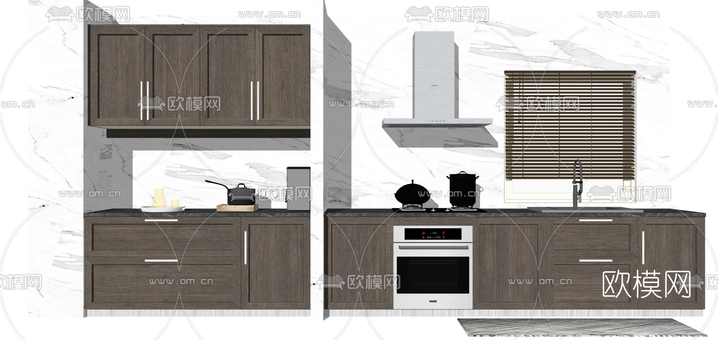 现代实木橱柜组合su模型下载