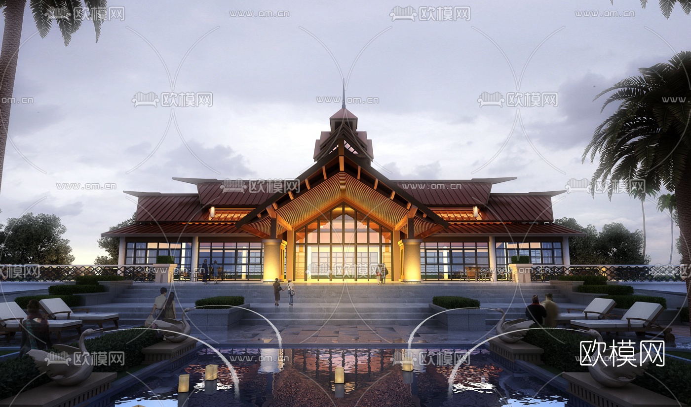 中式酒店会所夜景外观3d模型下载