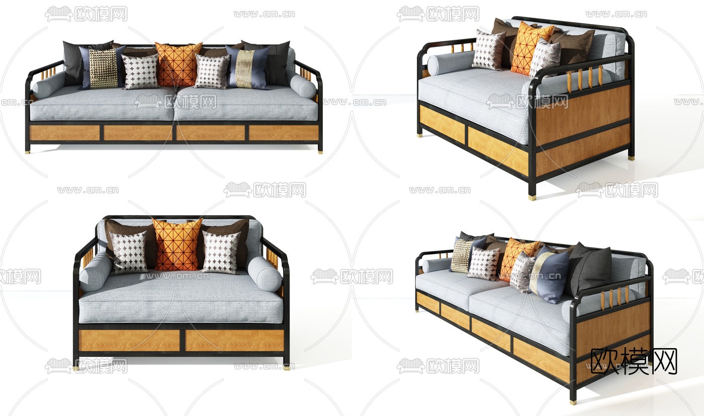 新中式布艺多人沙发3d模型下载（渲染图1）