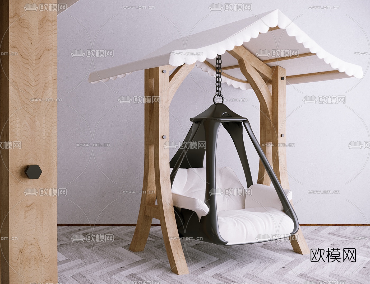 北欧原木布艺户外吊椅3d模型下载