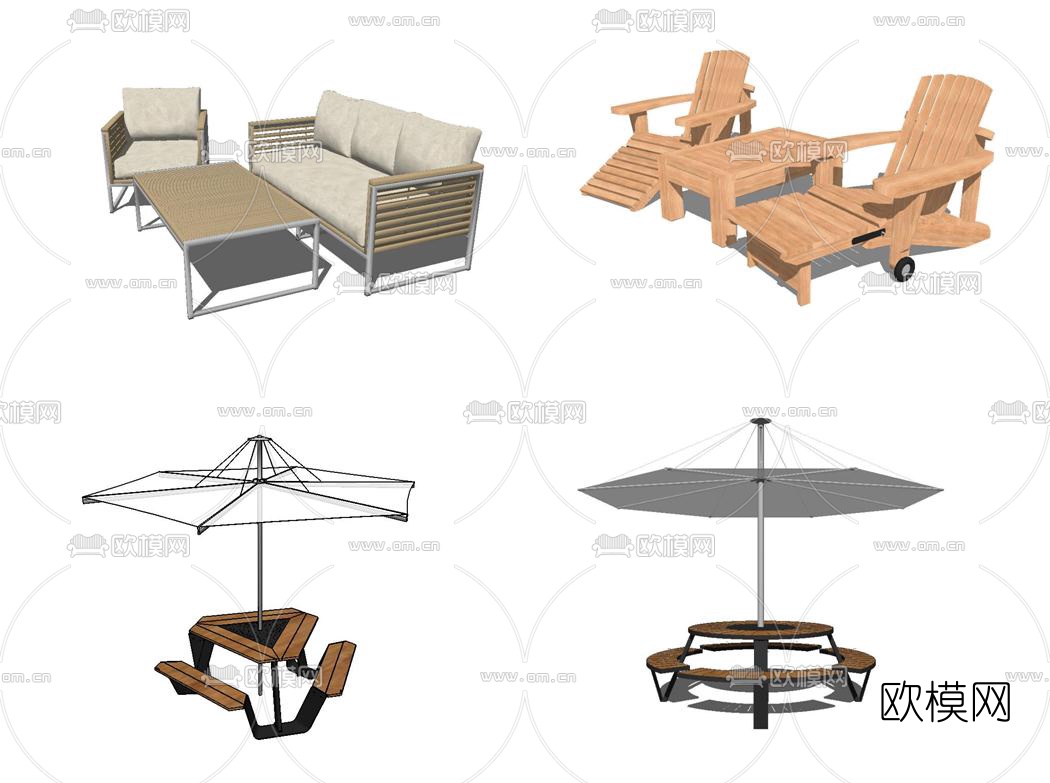 现代户外休闲躺椅遮阳伞3d模型下载