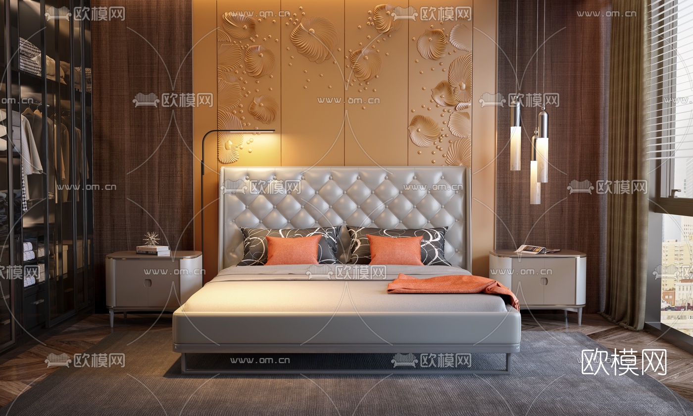 简欧皮革双人床3d模型下载（渲染图1）
