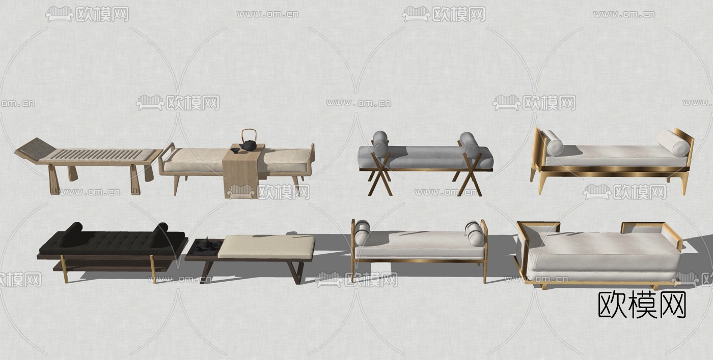 新中式布艺床尾凳脚踏su模型下载（渲染图1）