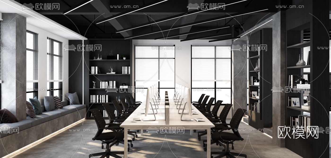 工业风敞开式办公区会议室3d模型下载（渲染图3）