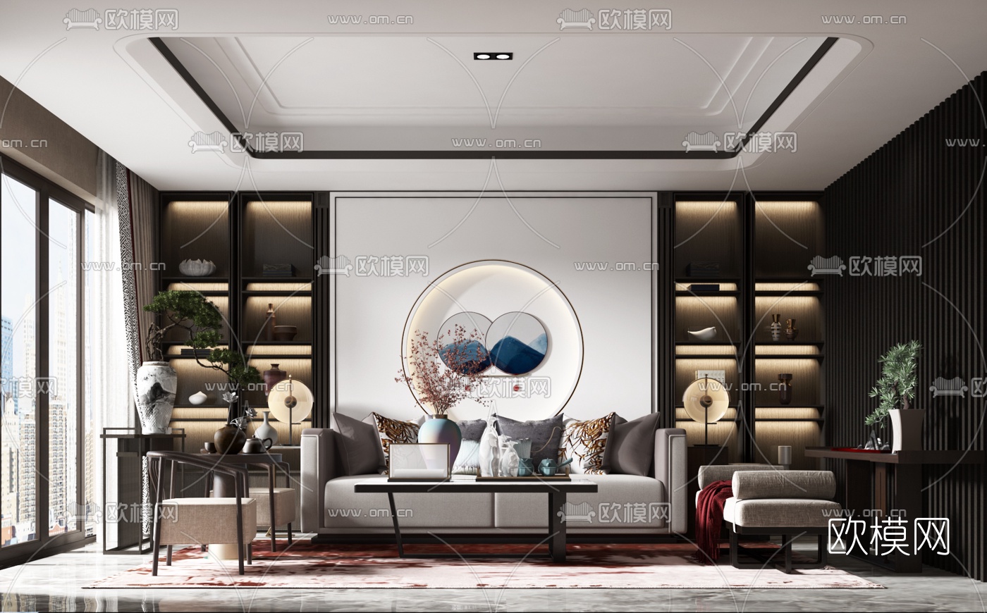 新中式实木布艺沙发组合3d模型