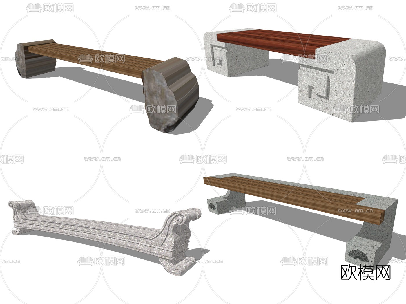 中式户外石凳公用椅su模型下载