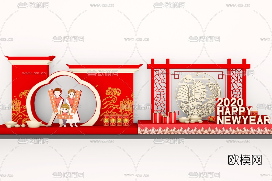 新中式新年贺岁美陈3d模型下载