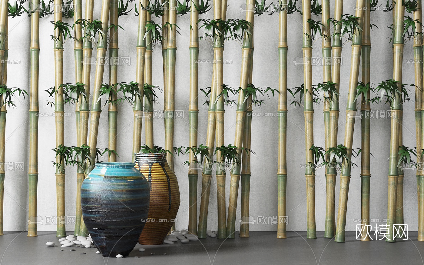 自然风陶罐竹竿园艺小品3d模型下载