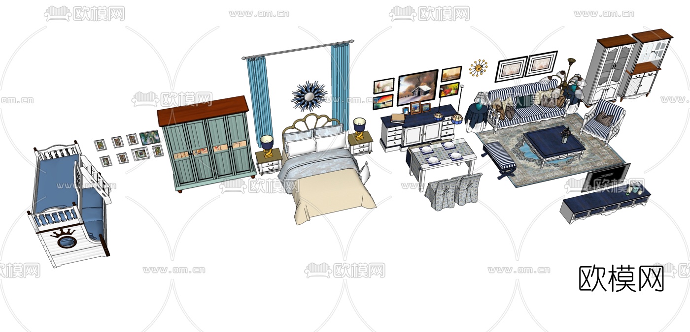 地中海双人床餐桌沙发组合su模型下载