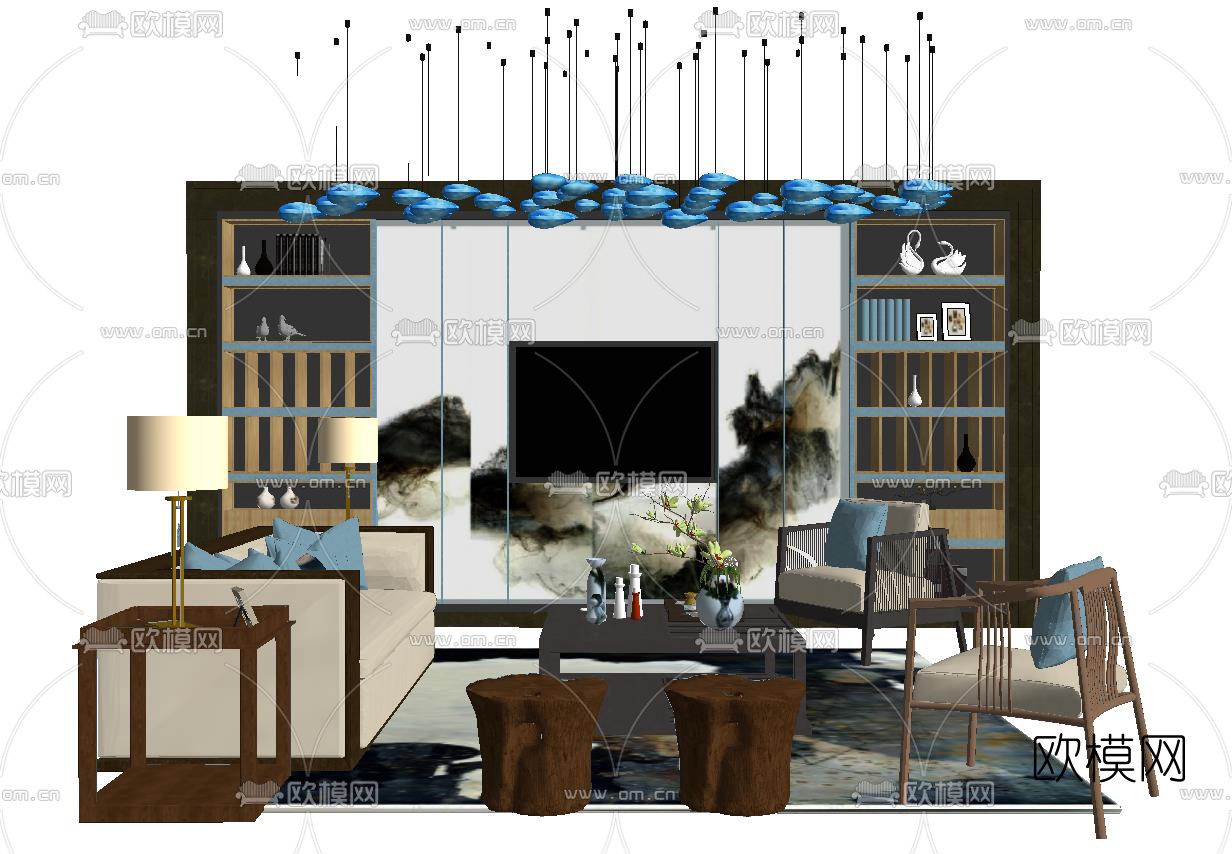 新中式布艺组合沙发su模型下载