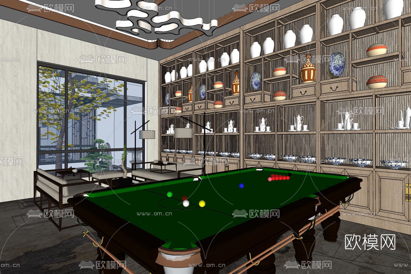 新中式娱乐室免费su模型下载