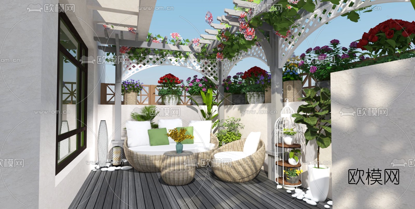现代别墅露台阳台su模型下载（渲染图1）