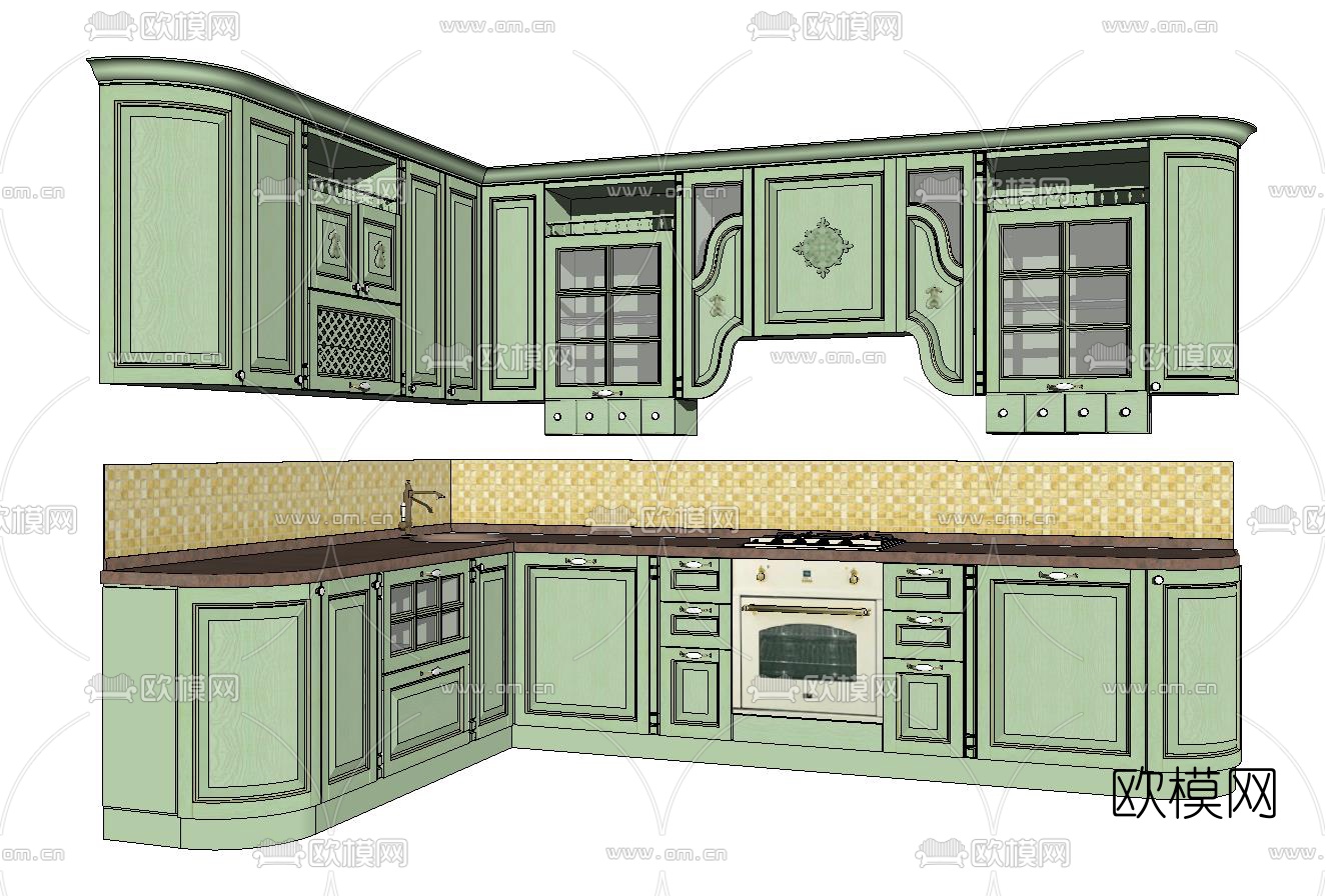 简欧实木整体橱柜su模型下载
