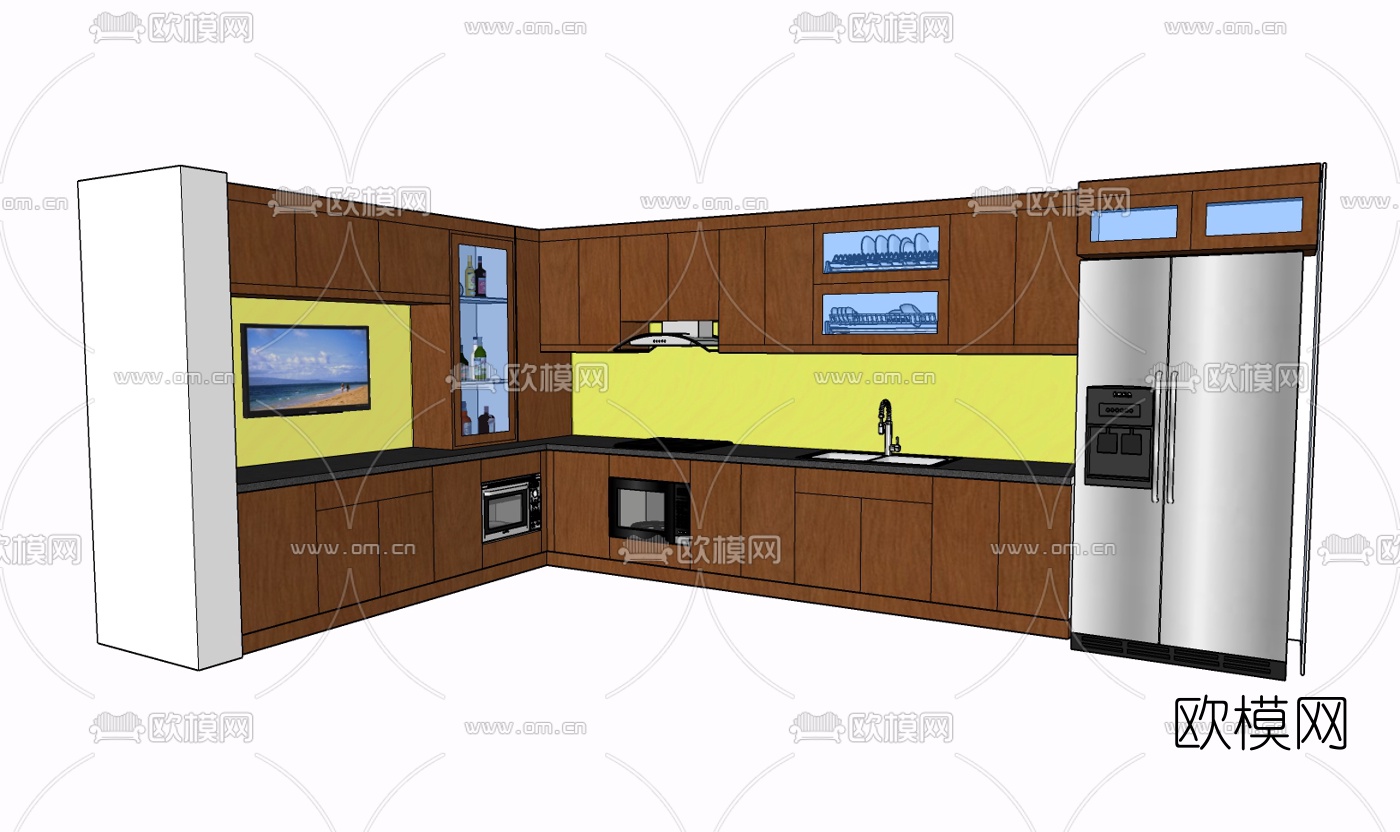 现代实木橱柜免费su模型下载