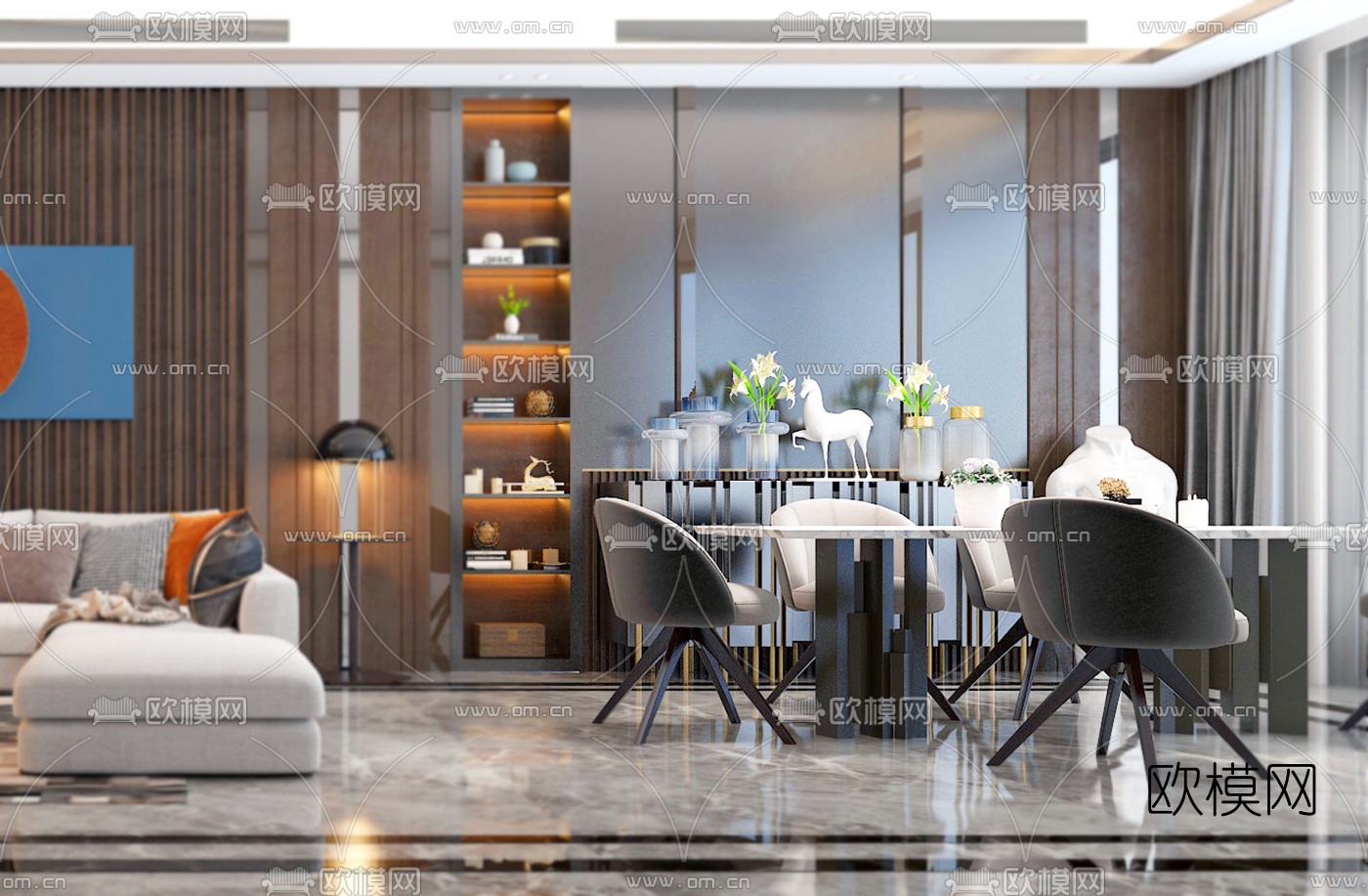 后现代客厅餐厅3d模型下载（渲染图2）