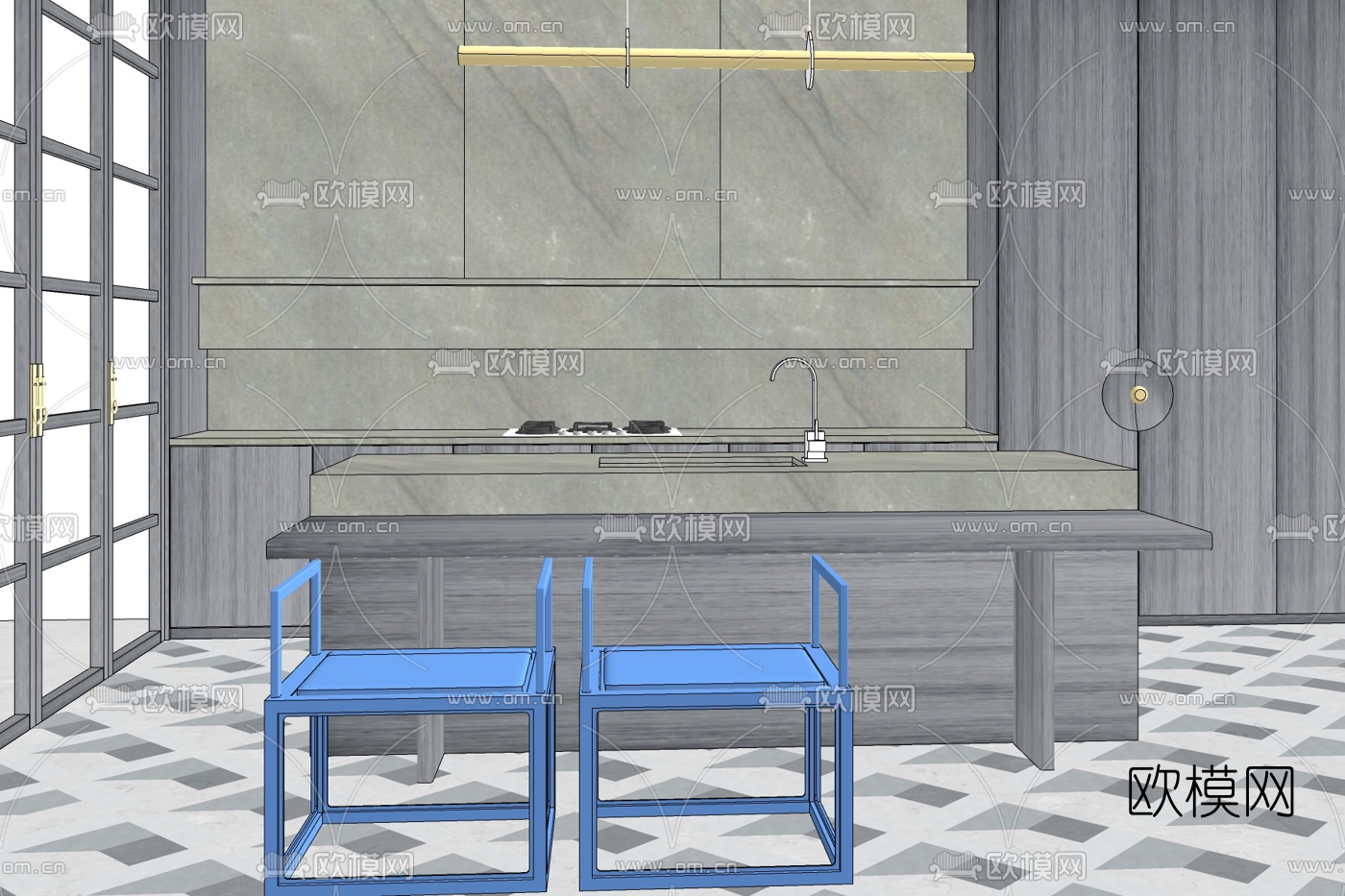 现代实木橱柜免费su模型下载