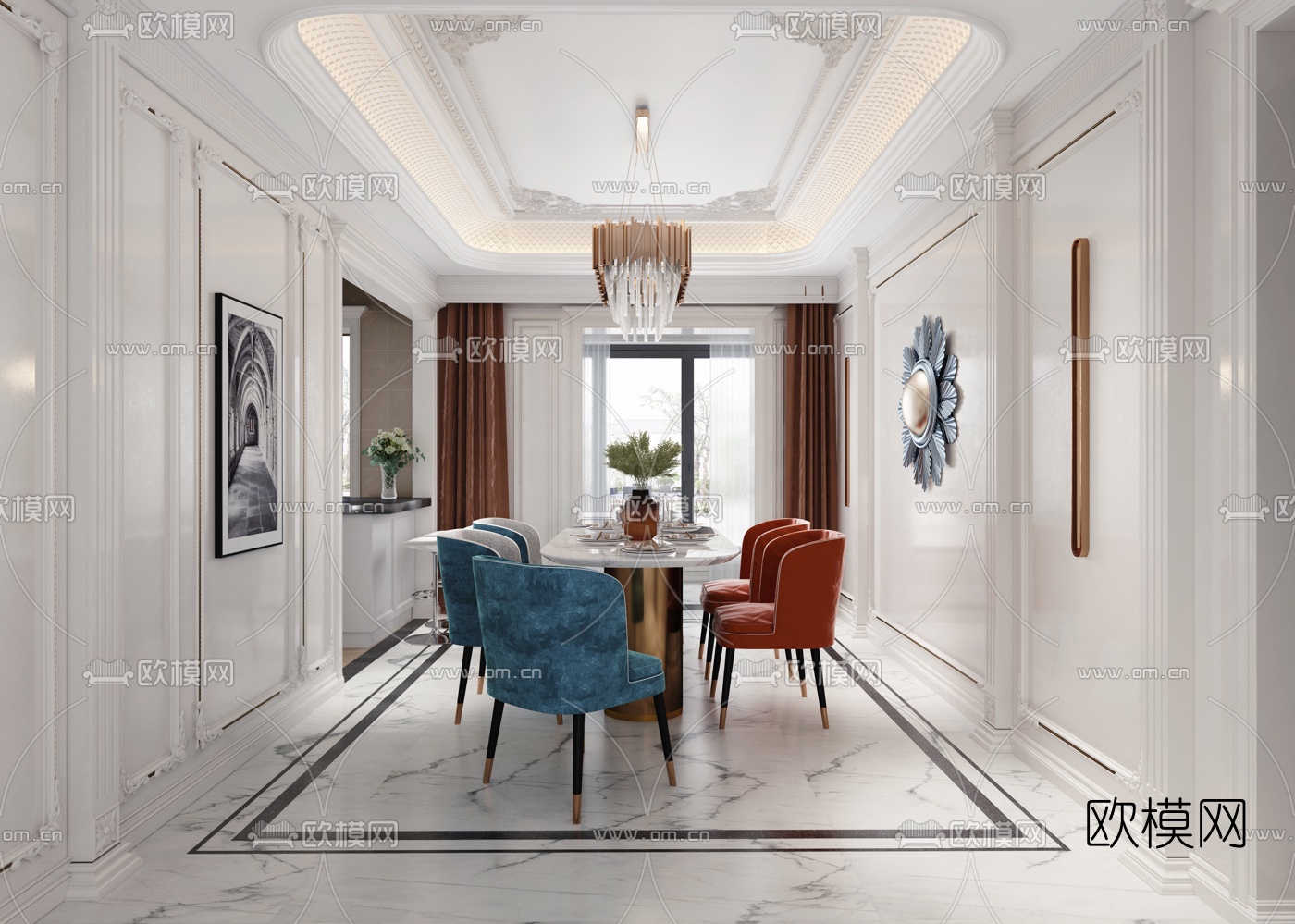 欧式客厅餐厅3d模型下载（渲染图2）
