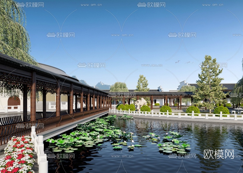中式长廊池塘景观3d模型下载