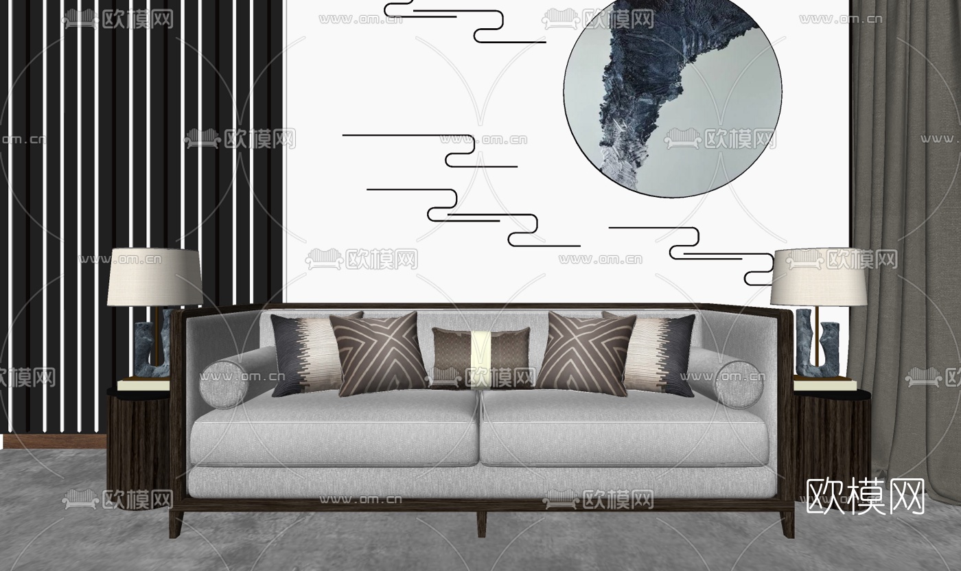 新中式布艺双人沙发su模型下载